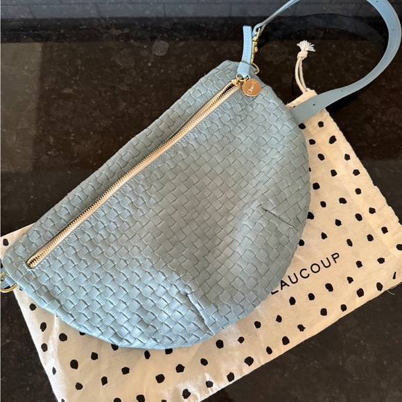 Clare V Grande Fanny ~ Sunbleached Sky Blue Woven Checker - Picture 1 of 4